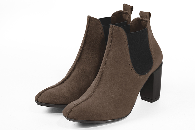 Women's chocolate brown and dark brown elegant Chelsea ankle boots, with side elastics. Round toe. High block heels - Front view
